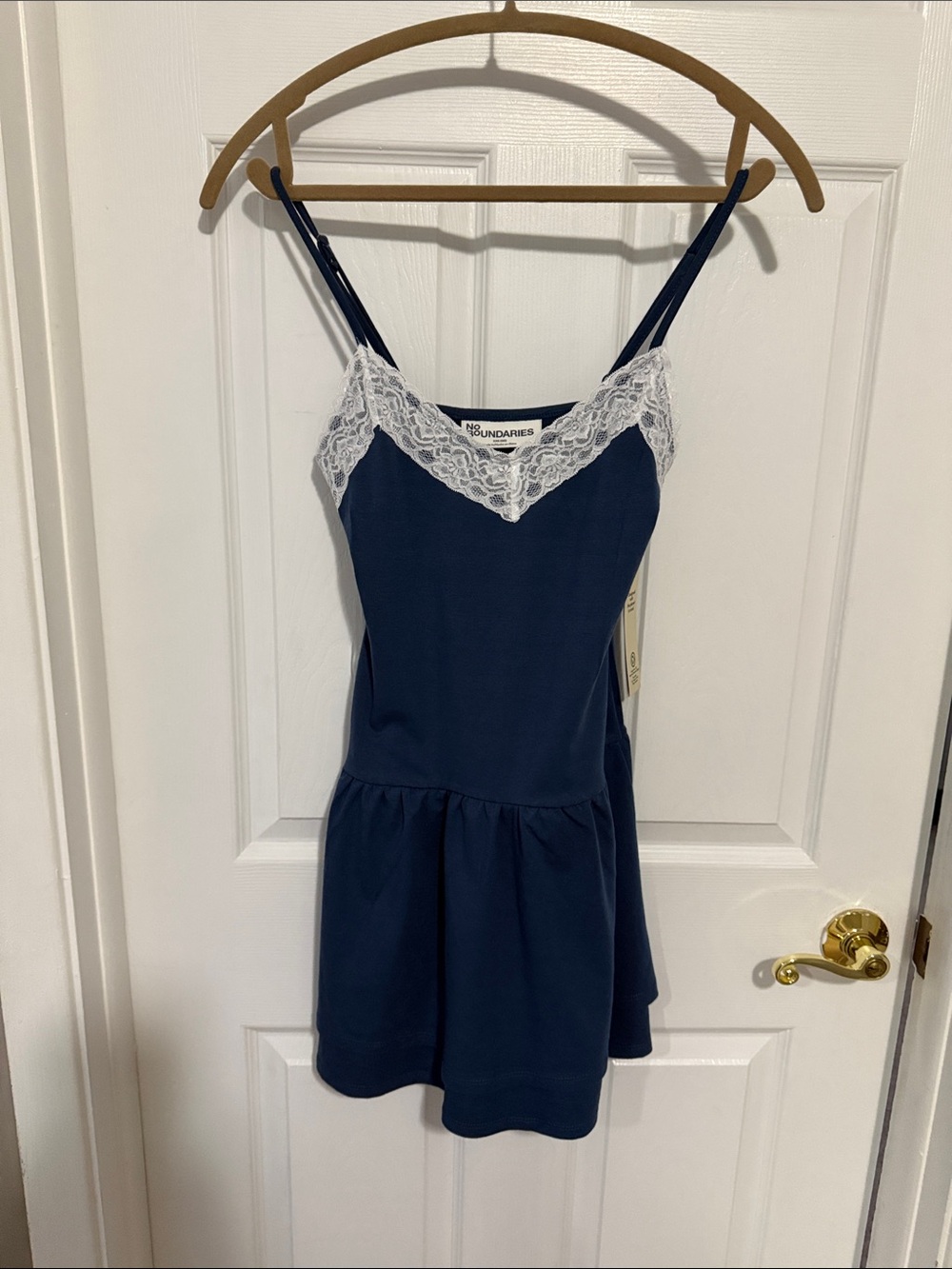 No Boundaries Lace Trim Tiered Mini Dress Cadet Blue Size XXS